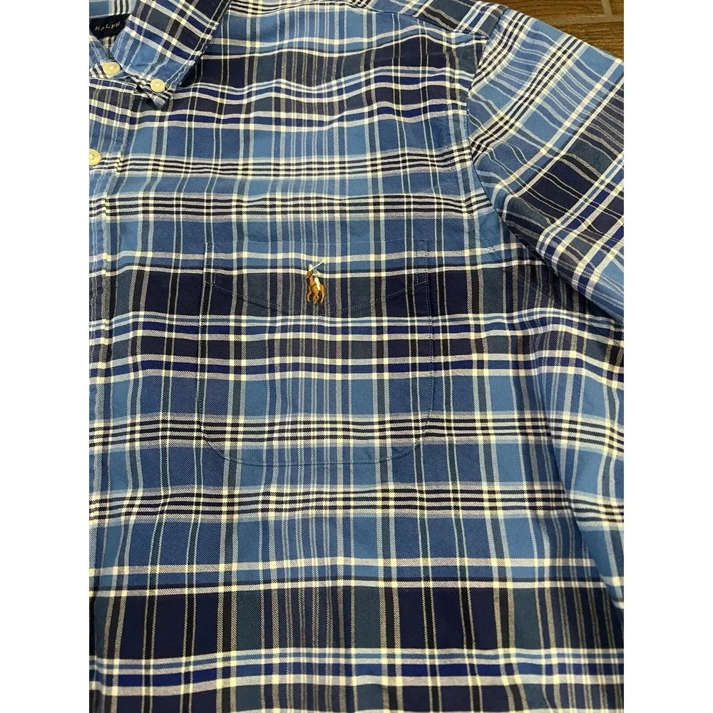 Ralph Lauren Men's 2XL Blue Plaid Cotton Short Sleeve Button Shirt Pony